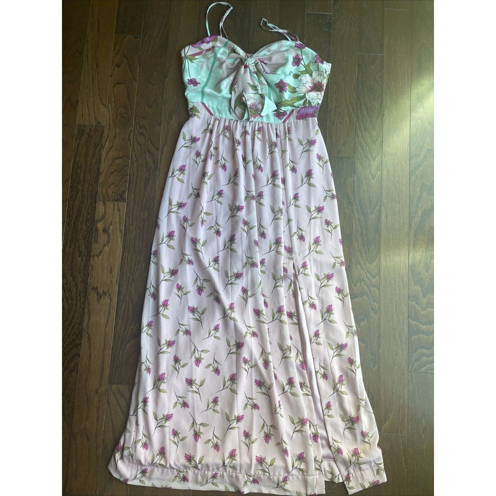 Belle Badgley Mischka Women's Pink Teal Floral Sleeveless Maxi Dress Size 8 - Picture 1 of 12